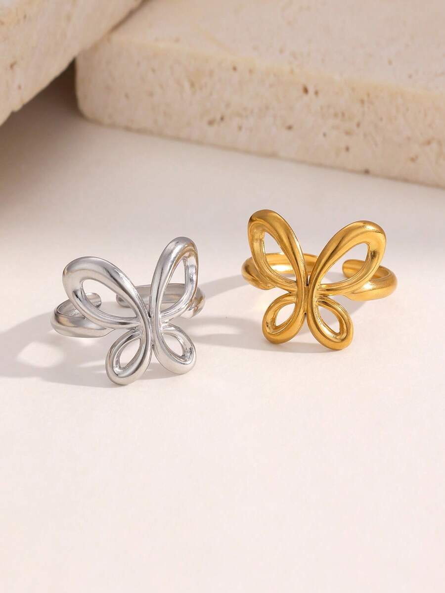 1pc Fashionable INS Minimalist Versatile Elegant Sweet Cute Gold-Plated Stainless Steel Butterfly Open Ring, Suitable For Women's Daily, Party, And Date Wear - Open Ring - View 1