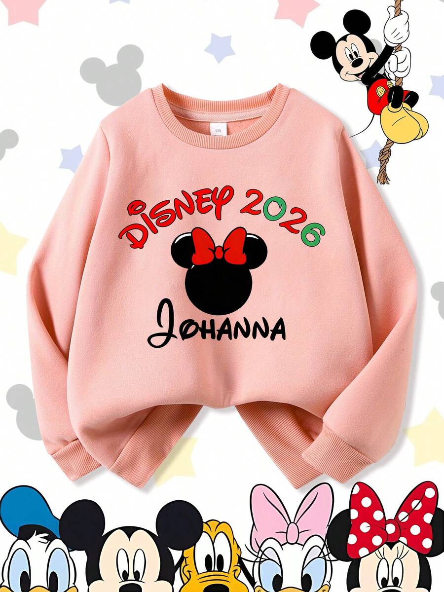 Personalized Disney 2026 Minnie Mouse Ears Red Bow Custom Name Comfortable Print Young Girls' Long Sleeve Sweatshirt, Suitable For Autumn/Winter, Lightweight And Cozy, Great For Layering In Fall, Fashionable Casual Wear, Graphic Design, Back To School Season, Autumn, Back To School Party, Suitable For Outdoor Picnic, Street Photography, Home, Campus, Holidays, New Year Gift - Pink - View 1