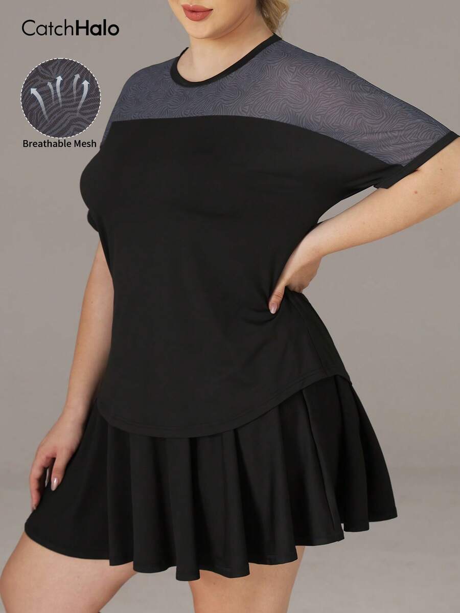 Plus Size Women's Mesh Patchwork Short Sleeve Sports T-Shirt, Contrast Trim Curved Hem, Loose Breathable Summer Fitness Yoga Top - Multicolor - View 1