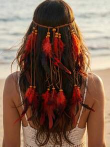 1pc Bohemian Style Long Feather Hair Chain, Women's Beach, Party, Music Festival Wear Hair Accessory Jewelry Feather Headband - 127 - View 4