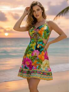 SHORT DRESS WITH SIDE CUT-OUT AND BODY - Màu xanh nhạt - Xem 4