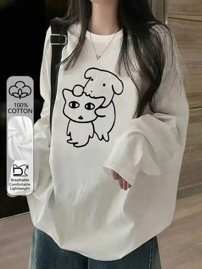 230g Pure Cotton Women's Cute Shiba Inu Print Loose-Fitting T-Shirt - Soft And Comfortable Pure Cotton Long-Sleeved Round Neck Casual Wear, Pure Cotton Long-Sleeved Round Neck T-Shirt, Comfortable All Year Round, Japanese Anime Design Suitable For Layering And Casual Wear - Animal Print Pullover With Cute Shiba Inu Pattern, Machine Washable, Loose Fit For Autumn And Winter.