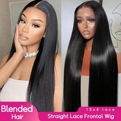 PQL 13x4 HD Lace Front Straight Human Blended Hair Wig For Women Pre Plucked Remy Glueless Wigs Human Blended Hair Brazilian HD Transparent Straight Lace Frontal Wigs 180% Density Long Length Human Blended Hair Lace Wigs Natural Black Color