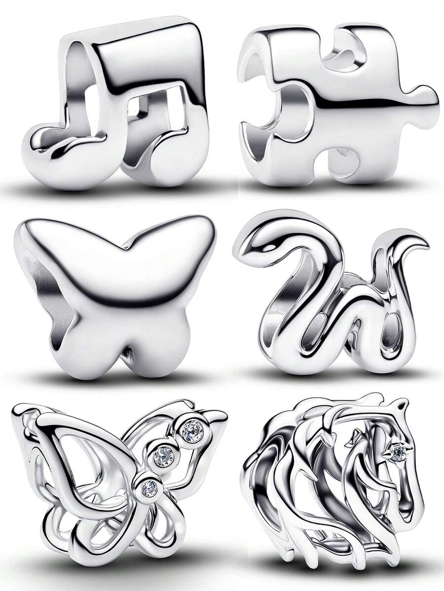 1 pezzo Braccialetto/Collana minimalista con perline d'argento, include note musicali, puzzle, farfalla, serpente, cavallo, gioielli fai-da-te in rame creativo, piccolo regalo versatile - Argento - Visualizzare 1