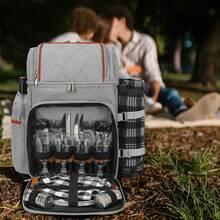[Envíos locales] Mochila de picnic para 4 personas con forro aislante, accesorios completos incluidos, color azul y negro, portátil para actividades al aire libre - Gris - Ver 8