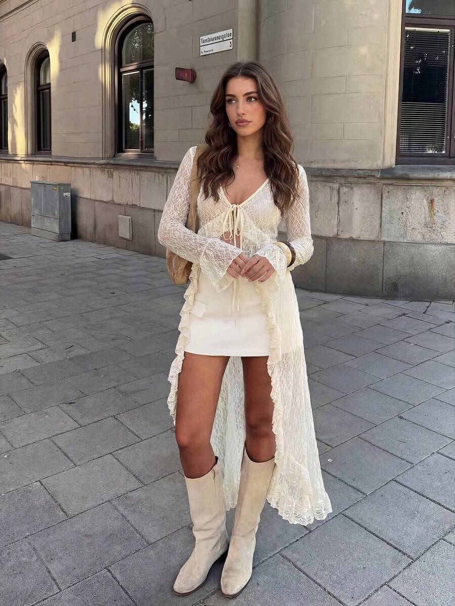 HoloChill Women's Summer Beach Sheer Long Sleeve Loose Kimono, 2026 New Arrival Women's Holiday Outfit, Party Outfit, Beach Vacation Outfit, Elegant Casual Top - Beige - View 1