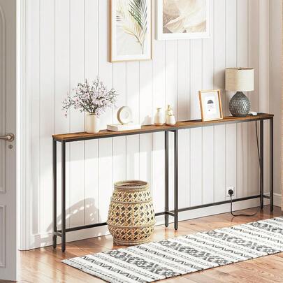 Narrow Slim Console Table With Charging Station, 200 Cm Long Behind Sofa Table And Hallway Table, For Hallway, Bedroom, Living Room, Rustic Brown And Black