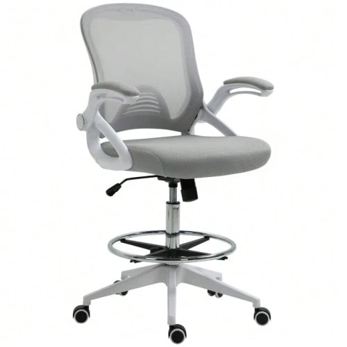 Ergonomic Office Chair With Folding Armrests And Adjustable Footrest, Height-Adjustable Swivel Chair With Tilt Function, Light Grey Mesh Upholstery - Grey - View 1