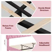 Base de cama King rosa con cabecera tapizada, plataforma resistente con listones de madera resistentes, sin somier, silenciosa y fácil de montar. - Rosa - Ver 6