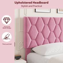 Base de cama King rosa con cabecera tapizada, plataforma resistente con listones de madera resistentes, sin somier, silenciosa y fácil de montar. - Rosa - Ver 4