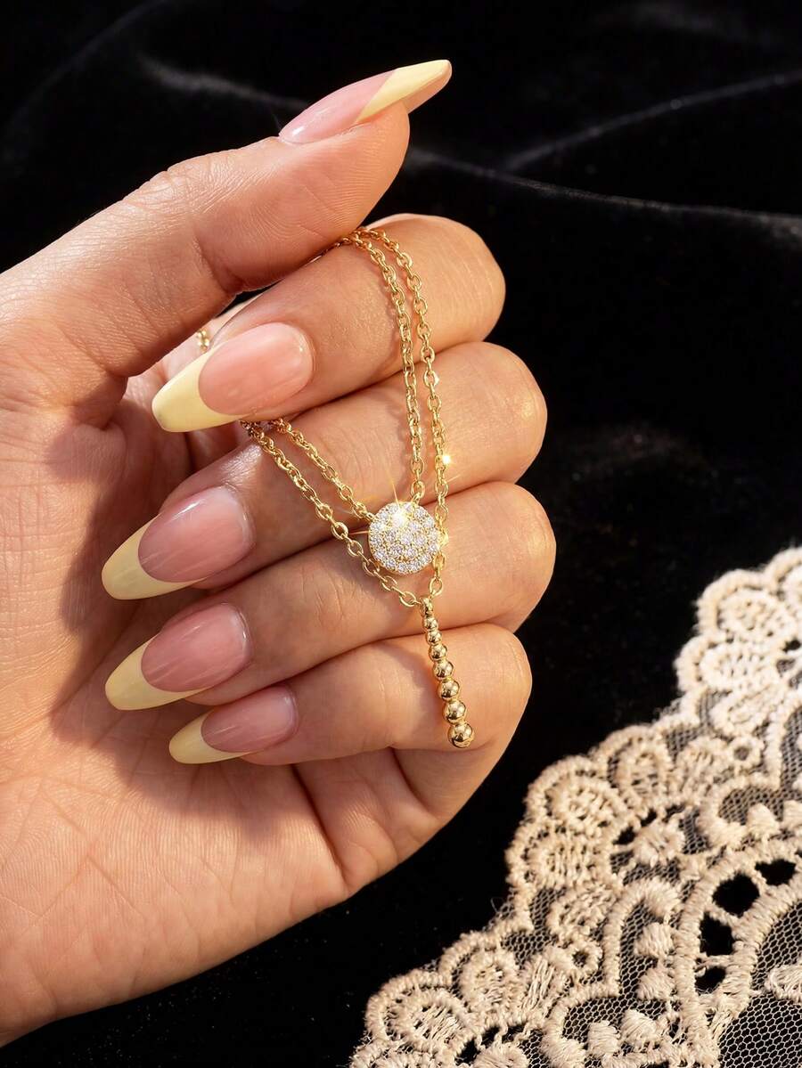 1pc Elegant Double-Layer Round Necklace, 925 Sterling Silver Delicate Choker Necklace, Exquisite Jewelry Gift Suitable For Girls Daily And Date Outfit - Double Medal Tassel Necklace - View 1