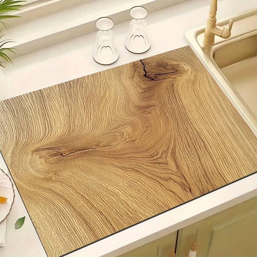1 pieza Alfombrilla de secado de platos con estampado de grano de madera, Almohadilla de secado de utensilios, Alfombrilla de secado de cocina, Alfombrilla de secado de platos y tazones, Protector de mesa, Durable, Accesorio de decoración de mesa de cocina del hogar, Alfombrilla de secado de platos - Multicolor - Ver 1