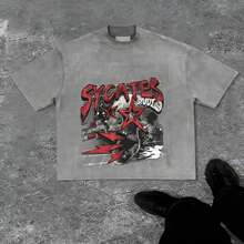 Grunge Revival Essential - Contrast Red/White Graphics With Edgy GAGADO Detail |   100% Cotton2026 - 灰色 - 查看 6