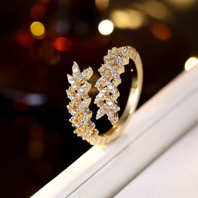 1 pieza Anillo abierto versátil con forma de hoja incrustado con circonita para mujeres