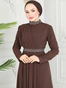 Elegant Solid Color Luxury Arabic Style Dress For Women, Waist Cinched Design Spring - Brown - View 3
