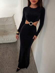 Elegant Black Long Sleeve Hollow Out Fitted Dress With Ring Detail, Suitable For Party, Wedding Guest, Evening, Vacation, Date, Nightclub, Spring - Black - View 4