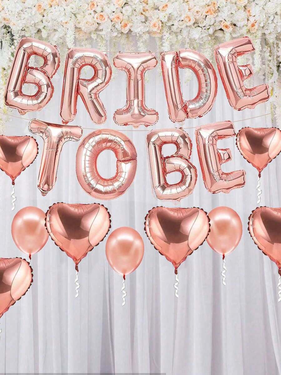 10个“新娘”字母气球，16英寸玫瑰金心形铝箔气球，适用于婚礼派对、单身派对、订婚装饰、婚礼装饰用品 - 玫瑰金 - 查看 1