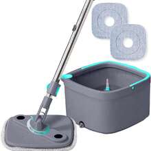 Square Spin Mop & Bucket System – Dual Chamber For Clean & Dirty Water, 360° Rotating Self-Wringing Mop With Built-In Scrub Brush, Stainless Steel Handle & 2 Reusable Microfiber Mop Pads - A - 查看 2