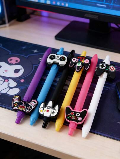 1/6支装可伸缩彩色游戏主题圆珠笔，专为游戏玩家设计，适用于派对、办公用品、课堂奖励以及送给游戏玩家的趣味礼物