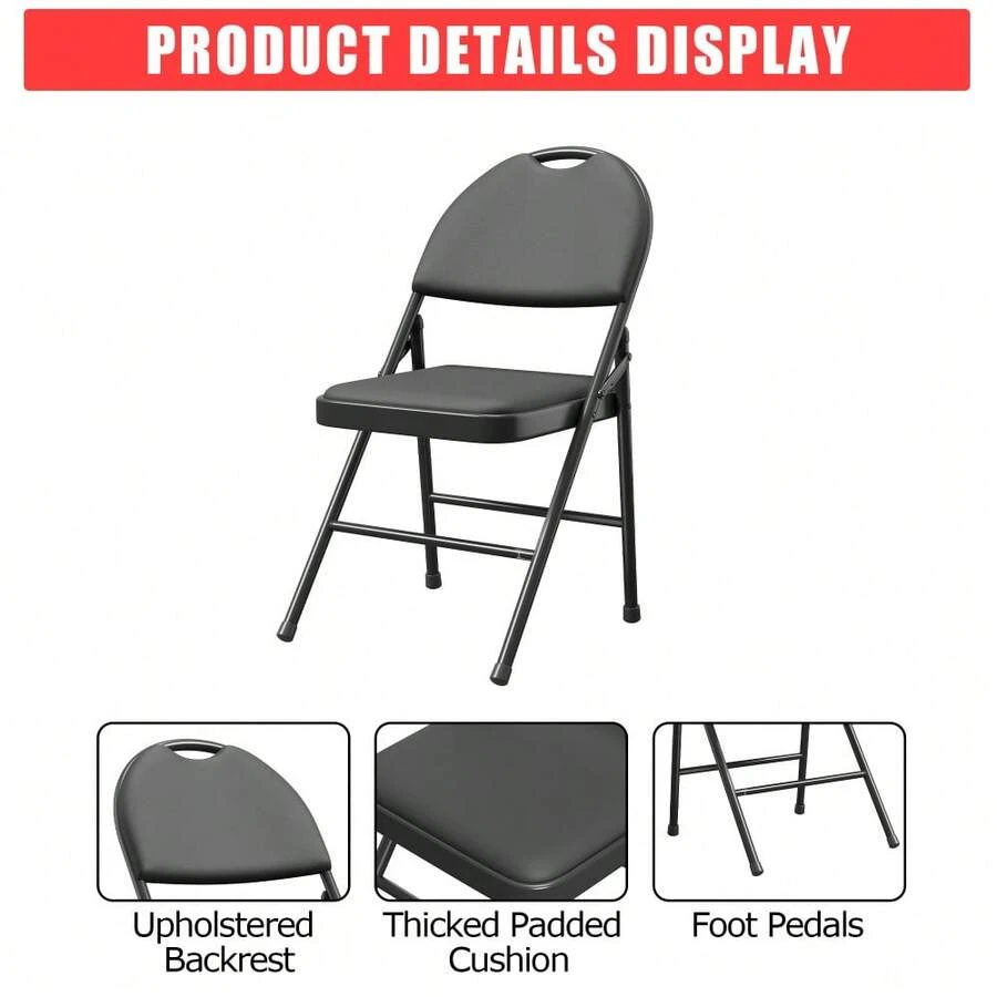 Sillas plegables acolchadas, tapizadas en cuero sintético, con estructura de metal y acolchado suave, portátiles con respaldo alto para oficina, fiestas y comedor. - Negro - Ver 1