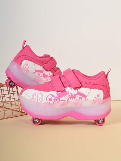 儿童银色多功能轮滑鞋，蝴蝶花朵图案，卡通设计运动轮滑鞋，可伸缩轮子，男女童新款时尚春秋季直排轮滑鞋，适合初学者户外运动