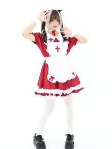 1pc Cute Sweet Maid Lace Satin Bow Bicolor Dress, Suitable For Cosplay, Stage Performance, Holiday Party, Casual Wear Halloween, Party Dress - Multicolor - View 11