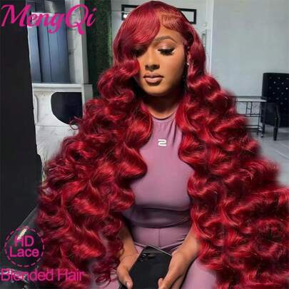 200% Density Burgundy 99J Color Lace Front Wig Human Blended Hair Body Wave Transparent Brazilian Virgin Human Blended Hair Wigs 13x4 Lace Front Wigs Human Blended Hair Pre Plucked With Baby Hair For Women 8-34 Inch