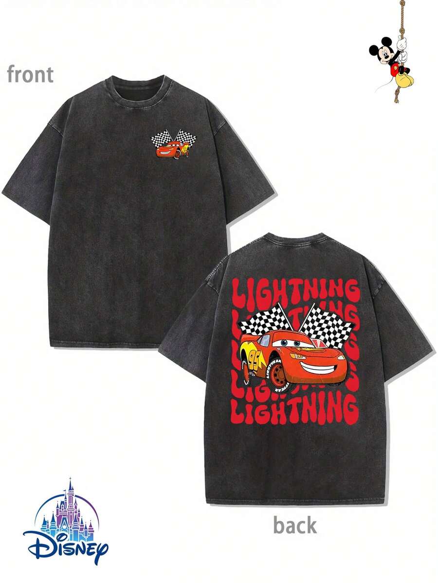"Disney Authorized" Lightning McQueen Racing Flag Printing, Genuine Authorization 1 Fashion Cartoon Short Sleeve Design, Cartoon Short Sleeve, Men's Cotton Washed T-Shirt. Soft And Breathable, It Can Be Used As A Gift For Disney Lovers. - màu đen - Xem 1