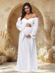 JustVH 孕妇薄纱雪纺灯笼袖V领连衣裙，侧开衩，适合婴儿摄影和迎婴派对等场合，春季白色 - 白色 - 查看 6