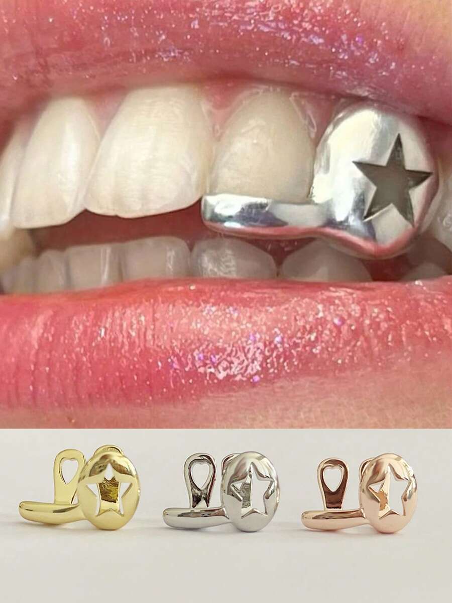 1pc Smooth Hollow Star Bar Personalized Cute Hip-Hop Tooth Jewelry, Unisex Party Accessory - Multicolor - View 1