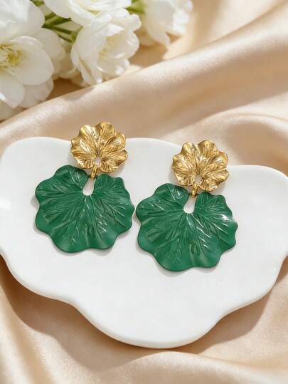 一对复古迷人绿色亚克力叶子吊坠耳环，精致不锈钢材质，节日饰品，女士时尚派对礼物