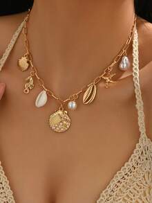 1件夏季海洋风多吊坠金项链，时尚海滩度假贝壳海星海马饰品项链，适合女性日常佩戴、海滩旅行、约会、摄影 - 金色的 - 查看 7