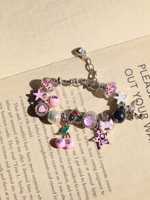 1pc Pink Leopard Print Star Girl Charm Bracelet, 1pc Cherry Heart 8 Ball Bracelet, 1pc Cute Bow Bracelet, 1pc Pink Star Cherry Bracelet - Silver - View 9