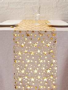 1Pc Gold Foil Star Print Table Runner, Sparkly Star Pattern Table Runner, Metallic Sequined Tulle Tablecloth, Metallic Polyester Fabric, 11 Inches X 108 Inches, Suitable For Holiday, Spring, Wedding Tablecloths, Wedding Decorations, Home Décor, Room Decorations, Party Favors, Bridal Birthday Decorations, Bachelor/Bachelorette Parties, Holiday Decorations, And Holiday Home Gifts. - 彩色 - 查看 1