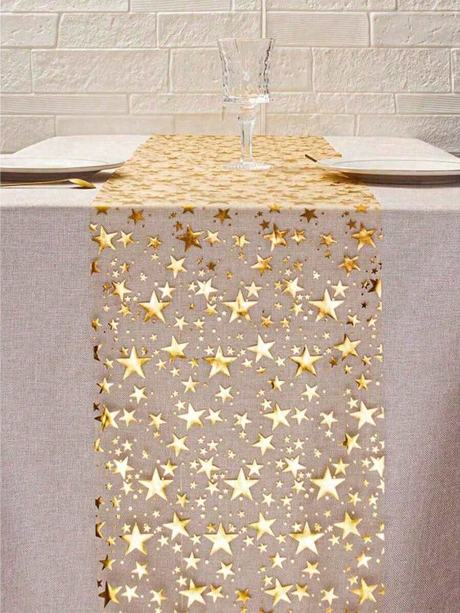 1Pc Gold Foil Star Print Table Runner, Sparkly Star Pattern Table Runner, Metallic Sequined Tulle Tablecloth, Metallic Polyester Fabric, 11 Inches X 108 Inches, Suitable For Holiday, Spring, Wedding Tablecloths, Wedding Decorations, Home Décor, Room Decorations, Party Favors, Bridal Birthday Decorations, Bachelor/Bachelorette Parties, Holiday Decorations, And Holiday Home Gifts. - 彩色 - 查看 1