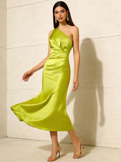 AmyenjoylifeModern Filipiniana 1 Solid Color Elegant Dress With Slim Fit/Asymmetrical/Irregular Pleats For Women, Suitable For Weddings, Tea Parties, Holidays, Travel, Singles Parties, Dating, And Vacations, Spring/Summer, Lime Color Dress