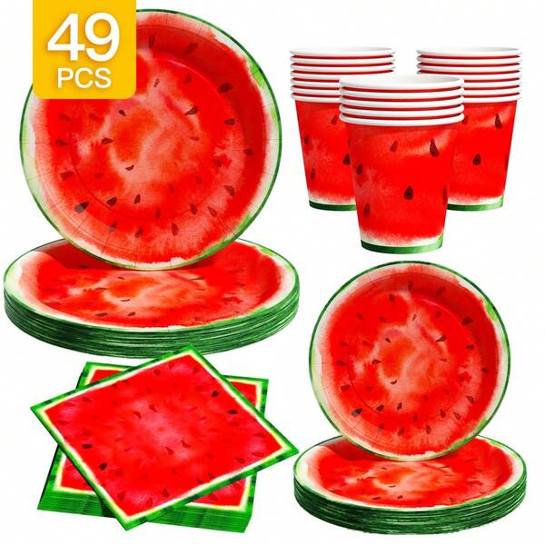 Watermelon Pattern Disposable Plates, Napkins, Cups - One-Time Party Supplies Set, Suitable For 8 Guests, Disposable Paper Plates Party Tableware For Birthday, Wedding, Picnic Themes