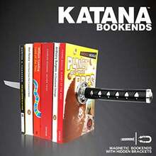 Sujetalibros decorativo de metal moderno divertido y único color para estantes soporte de libro catana para oficina hogar o computadora para hombres y amantes de los libros-B031 - Negro1 - Ver 7
