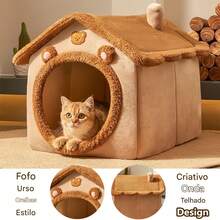 Cozy Indoor Cat Bed, Cat House/Tent With Removable Cushion, Soft And Warm Pet Bed, Fluffy Bear Nest For Cats, Kittens And Small Dogs (Brown) - M - 查看 2