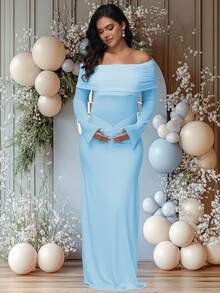 JustVH Maternity Colorblock Mesh Off-Shoulder Dress, Ruched Fishtail Hem, Suitable For Baby Shower, Elegant Stretchy Dress For Photoshoot Spring - Baby Blue - View 3