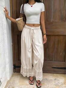 Women Y2K Lace Trim Long Bloomers Cute Ruffle Hem Cropped Pajama Pants Sheer Mesh Elastic Waist Pettipants - 杏色 - 查看 1