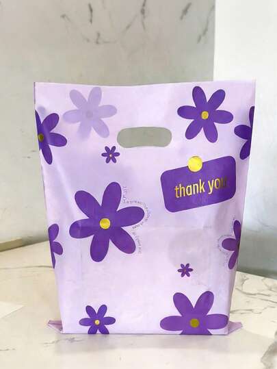 Bolsa de compras de plástico con flor morada, bolsa de compras de lujo al por menor con asa recortada en relieve - Flor morada, bolsa de regalo de agradecimiento con margarita morada (con etiqueta/firma de agradecimiento) - Bolsa de compras reutilizable con flores rosas y moradas