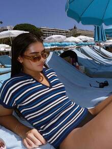 Striped Collar Elegant Casual Vacation V-Neck T-Shirt, Suitable For Beach, Daily, Street, Commute - Blue - View 3