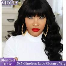 VIOLLY Fringe Wig 26 Inch Elegant Natural Black Long Bob Wavy Wig With Bangs Glueless Beginner Friendly Wear And Go Glueless 5X5 Pre Cut Lace Closure Wigs Human Blended Heat Resistant Fiber Synthetic Hair Wig 200% High Density Breathable | Lightweight Multi | Occasion All Day Comfort - 1B# - View 2