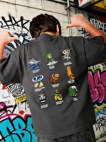 Camiseta con estampado de dibujos animados de " de putrefacción cerebral italiana" para niño preadolescente, adecuada para uso diario, ropa urbana, estilo de campus, top casual de verano de moda para niños - Gris Oscuro - Ver 4