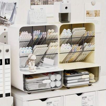 Soporte giratorio de 360° para brochas - Caja de almacenamiento de plástico blanco de moda, adecuado para pinceles de arte, artículos de papelería y herramientas de maquillaje, accesorio de escritorio ahorrador de espacio con diseño esmaltado, esencial para el tocador, la oficina y el estudio de arte