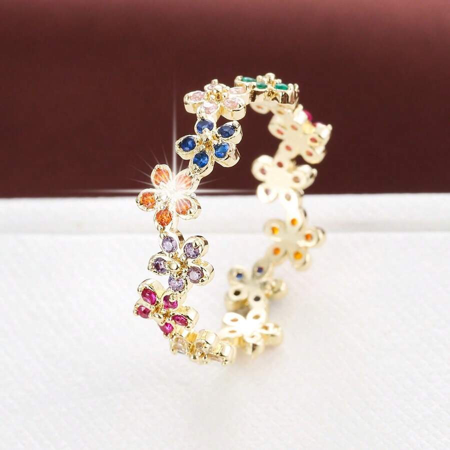 1枚优雅花卉圆形设计立方氧化锆镶嵌时尚戒指，女士节日礼物 - 彩色 - 查看 1