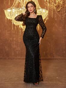 UNITHORSE [Random Cut] Women's Elegant Square Neck Puff Sleeve Waist Cinched Loose Hem Cocktail Party Dress - Black - View 3