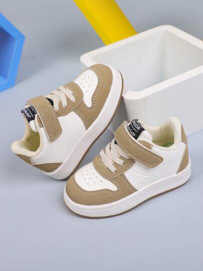 1 Pair Retro Khaki Color-Block Children's Canvas Sneakers, + Suede-Like Texture, Hook And Loop Design For Easy On/Off, Soft Non-Slip Sole, Suitable For Toddler Walking And Daily Outfit, Versatile Shoes