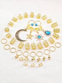 46件套绿松石吊坠、梦幻星月发夹、发圈、发绳，嬉皮风女士发饰 - 金色 - 查看 5